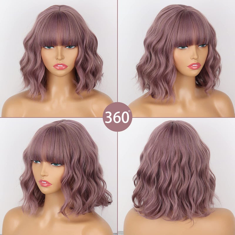 MISSQUEEN Short Wavy Wigs for Women,Synthetic Cute Purple Wavy Wigs with Bangs,14inch Natural Curly Synthetic Women Bob Wig(Purple) - Image 5